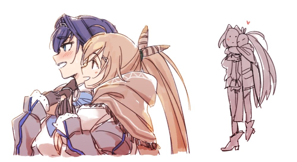 2girls, ahoge, bangs, blue_eyes, blue_hair, blush, brmameng, brown_capelet