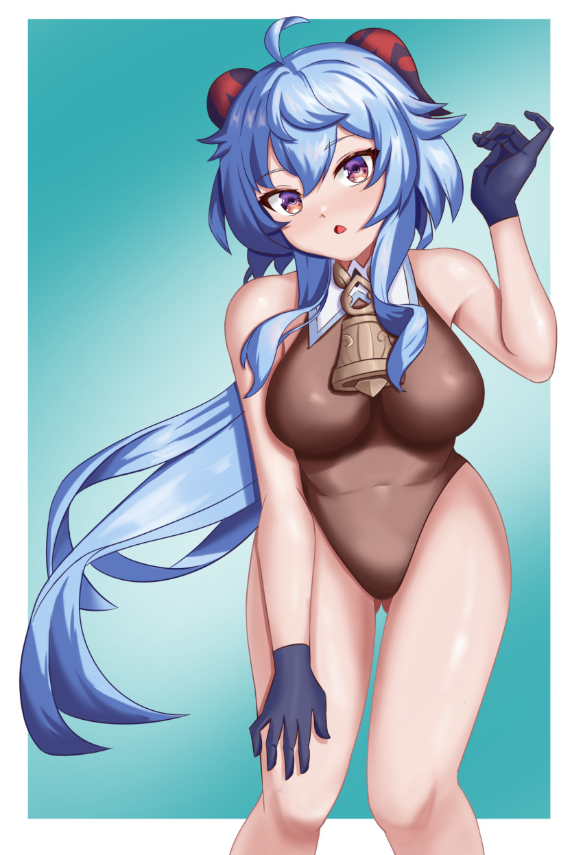 1girl, ahoge, ass_visible_through_thighs, azurecruiser, bangs, bent_over, black_leotard, blue_gloves, blue_hair, blush, breasts, covered_navel, eyebrows_visible_through_hair, ganyu_(genshin_impact), genshin_impact, gloves, highres, horns, leotard, looking_at_viewer, medium_breasts, nose_blush, open_mouth, sidelocks, solo, thighs, violet_eyes