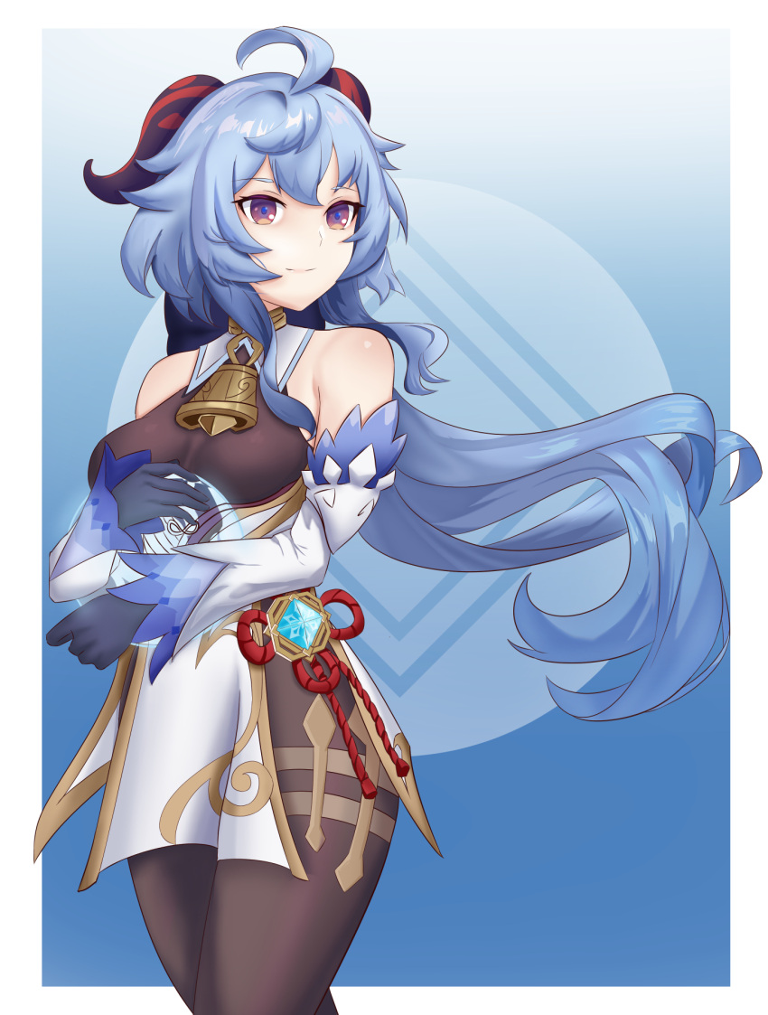 1girl, ahoge, azurecruiser, bangs, bare_shoulders, bell, black_legwear, blue_gloves, blue_hair, bodystocking, breasts, chinese_knot, detached_sleeves, eyebrows_visible_through_hair, flower_knot, ganyu_(genshin_impact), genshin_impact, gloves, gold_trim, highres, horns, long_hair, looking_at_viewer, low_ponytail, medium_breasts, neck_bell, orb, red_rope, rope, sidelocks, solo, standing, thighlet, violet_eyes, vision_(genshin_impact), white_sleeves