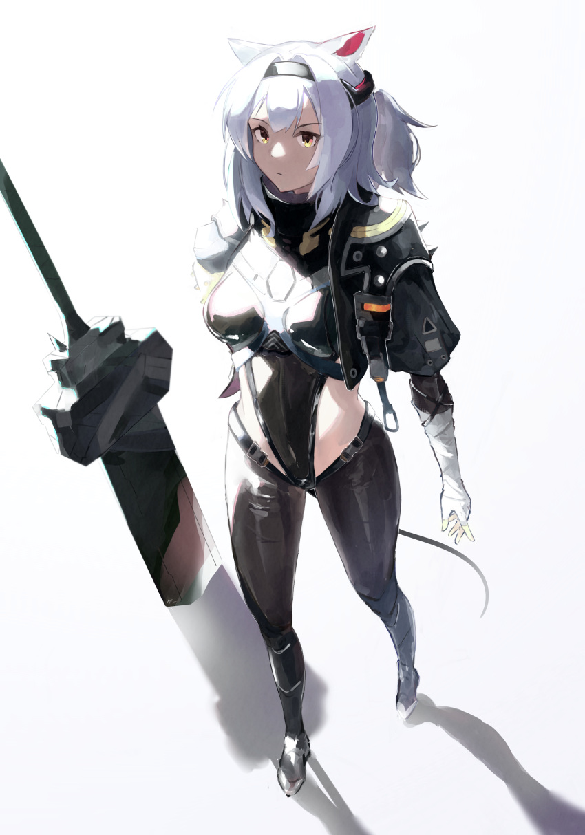 1girl, absurdres, animal_ears, arknights, bandaged_arm, bandages, black_hairband, black_legwear