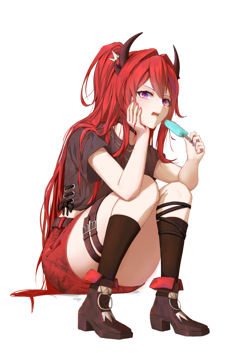 1girl, absurdres, arknights, bangs, black_footwear, black_shirt, boots, calvaires