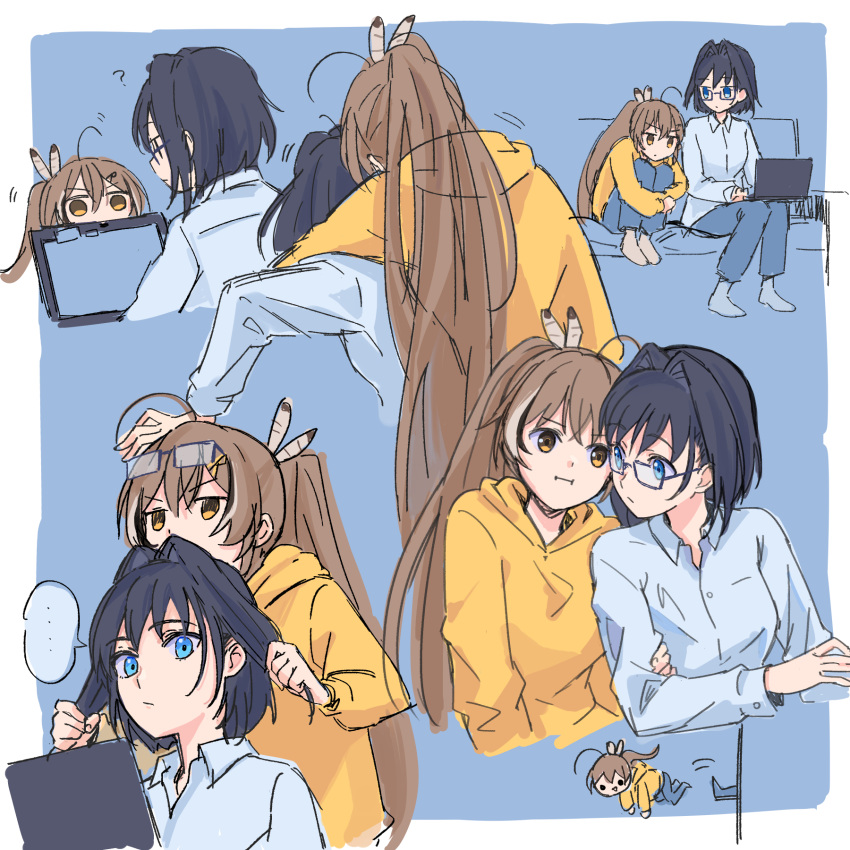 ..., 2girls, :i, ahoge, alternate_costume, bangs, blouse, blue_blouse