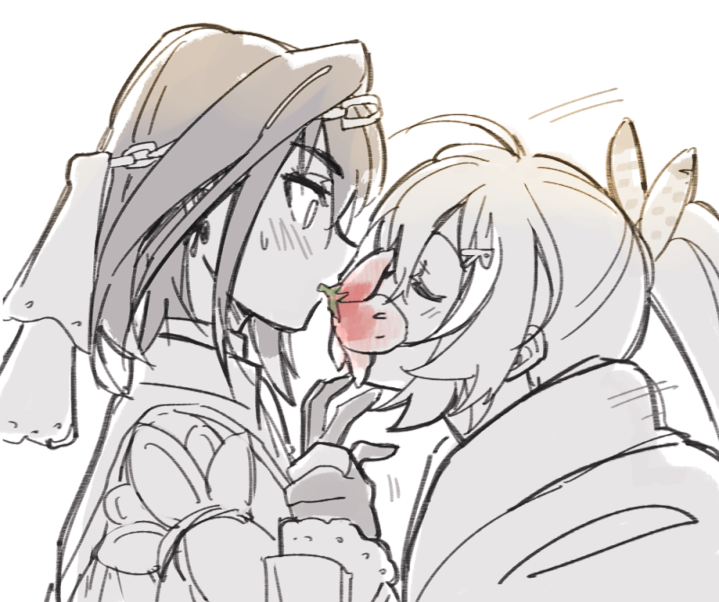 2girls, ahoge, bangs, blush, brmameng, capelet, cloak, closed_eyes