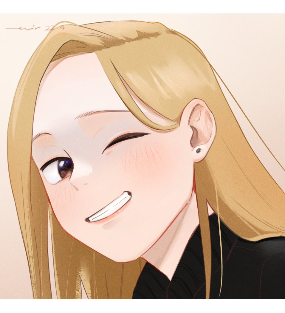 1girl, blush, brown_hair, ear_piercing, face, grin, long_hair, one_eye_closed, piercing, sawatari_saeko, simple_background, smile, solo, tsukiatte_agetemo_ii_kana