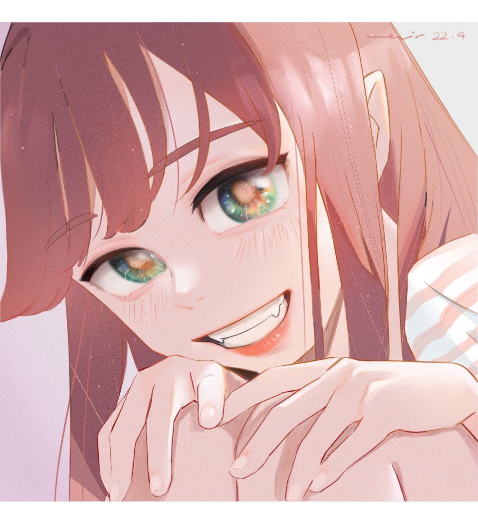 blush, dated, eye_reflection, face, fang, fingers, grin, hand_on_own_knee