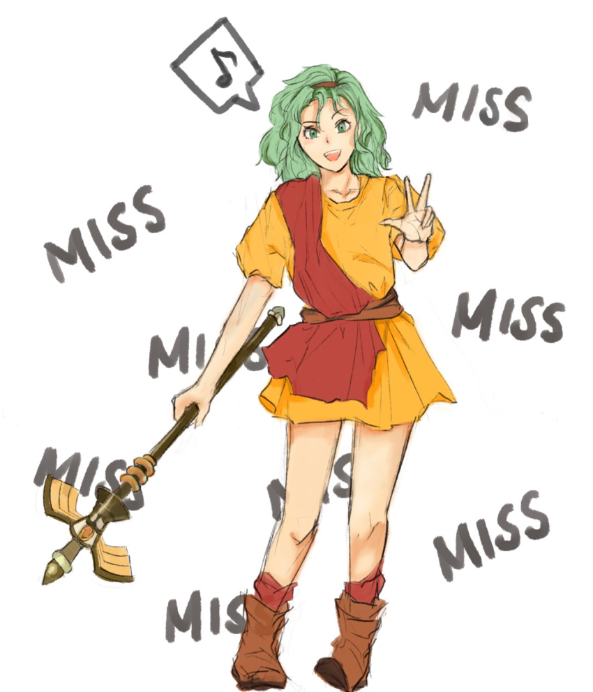 1girl, :d, bangs, baronada, boots, brown_footwear, commentary, dress, english_commentary, fire_emblem, fire_emblem:_thracia_776, full_body, green_eyes, green_hair, hairband, hand_up, highres, holding, holding_staff, looking_at_viewer, musical_note, open_mouth, orange_dress, red_hairband, red_legwear, short_dress, short_hair, short_sleeves, smile, socks, solo, spoken_musical_note, staff, standing, tina_(fire_emblem), w