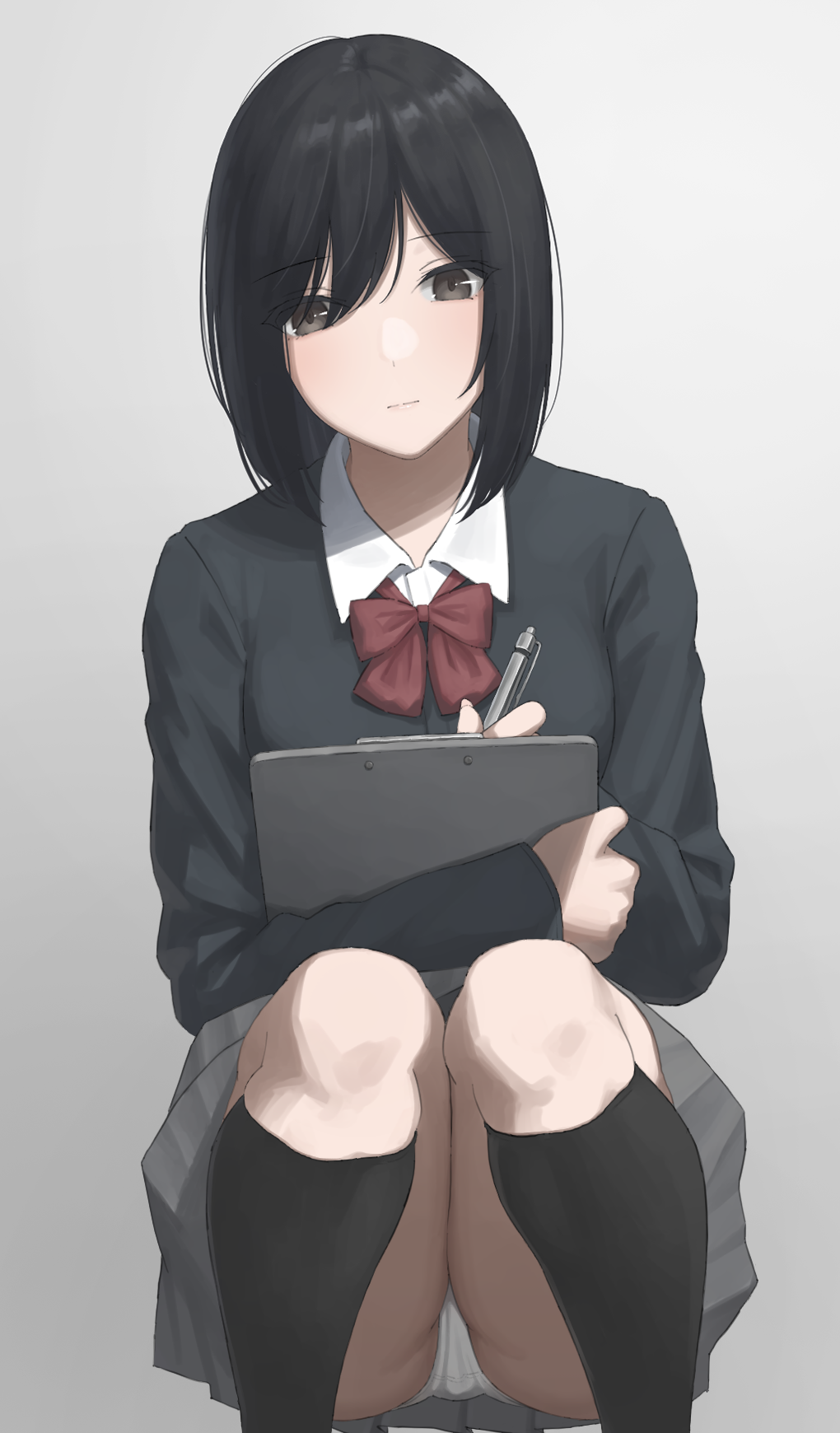 1girl, bangs, black_eyes, black_hair, blush, breasts, clipboard, closed_mouth, collared_shirt, crossed_arms, highres, holding, holding_clipboard, holding_pen, kaminari_doon, looking_at_viewer, medium_hair, original, panties, pantyshot, pen, school_uniform, shirt, simple_background, small_breasts, solo, squatting, underwear