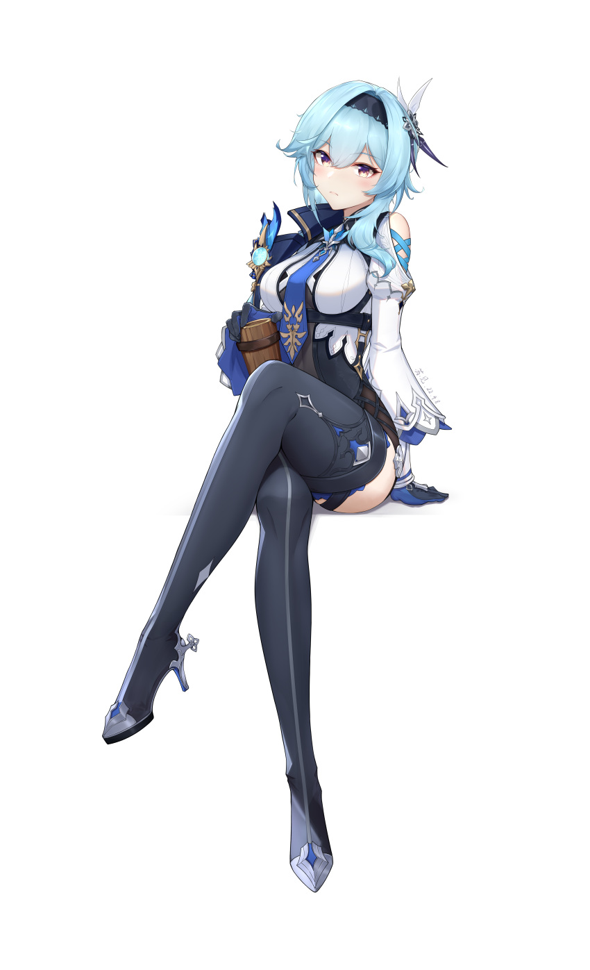 1girl, absurdres, bangs, black_footwear, black_hairband, blue_gloves, blue_hair, blue_necktie