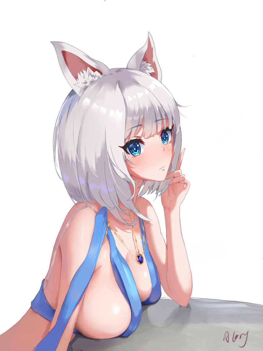 157551sm, 1girl, animal_ear_fluff, animal_ears, azur_lane, blue_eyes, blue_ribbon, breast_rest