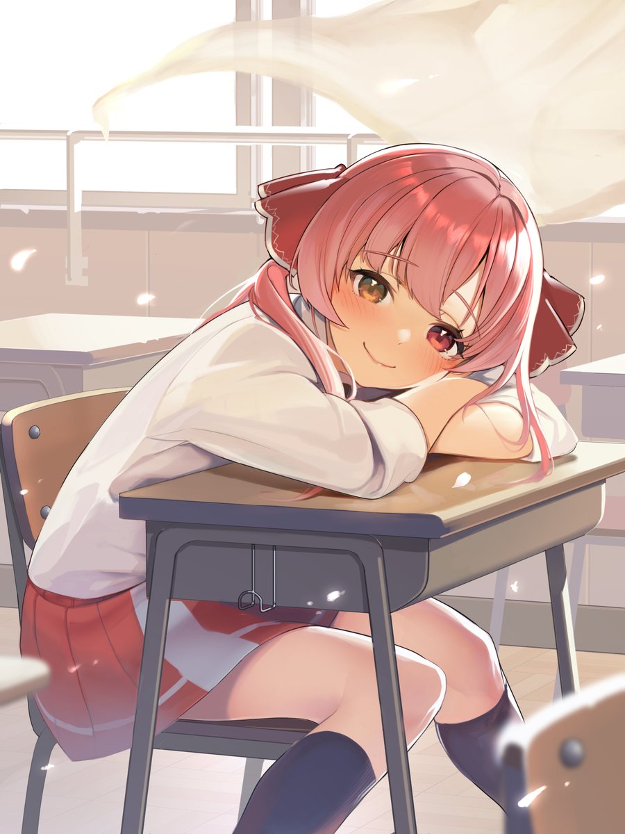 1girl, arm_pillow, bangs, black_legwear, blush, brown_eyes, chair, classroom