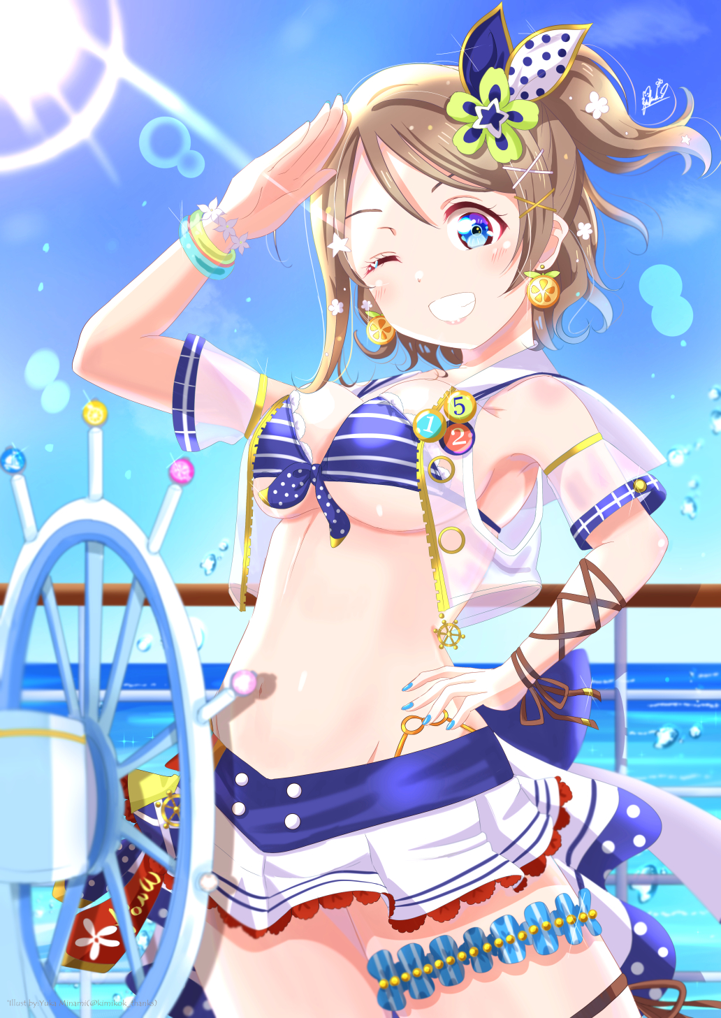 1girl, :d, alternate_hairstyle, arm_up, armpits, badge, bangle, bangs, bikini, bikini_top_only, blue_bikini, blue_eyes, blue_sky, bracelet, breasts, brown_hair, button_badge, cropped_jacket, earrings, front-tie_bikini, front-tie_top, groin, hair_between_eyes, hair_ornament, hand_on_hip, highres, jacket, jewelry, kimikoko_thanks, light_blush, looking_at_viewer, love_live!, love_live!_sunshine!!, medium_breasts, miniskirt, nail_polish, ocean, one_eye_closed, outdoors, pleated_skirt, railing, sailor_collar, salute, see-through, see-through_jacket, short_sleeves, side_ponytail, signature, skirt, sky, smile, solo, steering_wheel, sun, sunlight, swimsuit, teeth, thigh_strap, under_boob, watanabe_you, water, wristband, x_hair_ornament