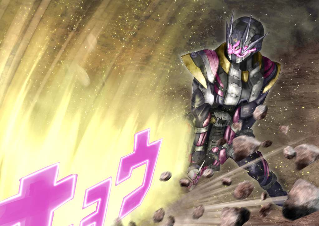 1boy, alternate_costume, armor, black_armor, black_bodysuit, bodysuit, clock_hands, compound_eyes, extra_horns, finishing_move, gloves, kamen_rider, kamen_rider_zi-o, kamen_rider_zi-o_(series), kamen_rider_zi-o_ii, katakana, male_focus, official_alternate_costume, pink_eyes, pink_gloves, sword, tsubasansan, weapon, zikan_girade, ziku_driver