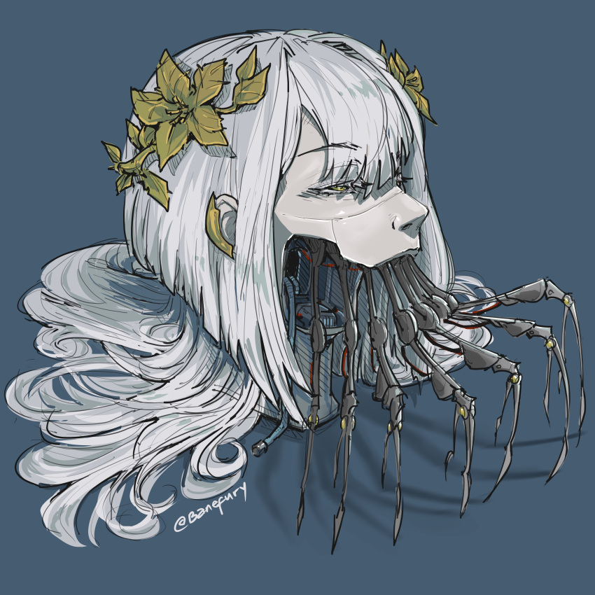 1girl, absurdres, android, artist_name, banefury, bangs, blue_background, cable