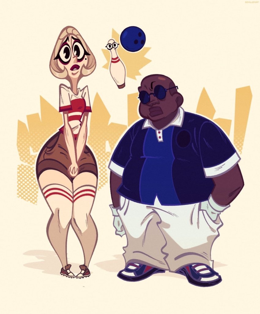 1boy, 1girl, bald, ball, black_eyes, blonde_hair, blue_shirt, bowling_ball