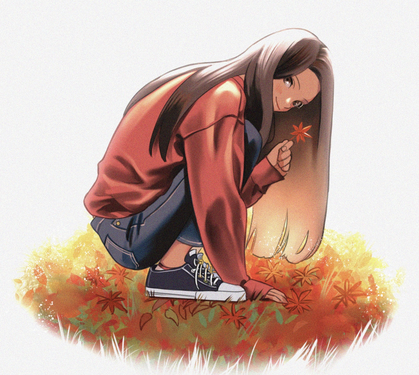 1boy, autumn_leaves, black_footwear, blue_pants, blush, brown_hair, closed_mouth, cross-laced_footwear