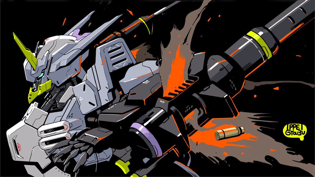 artist_name, black_background, blue_eyes, from_side, gundam, gundam_asmoday, gundam_tekketsu_no_orphans, gundam_tekketsu_no_orphans_urdr_hunt, gyoubu_ippei, horns, mecha, mobile_suit, no_humans, open_hand, science_fiction, shell_casing, solo