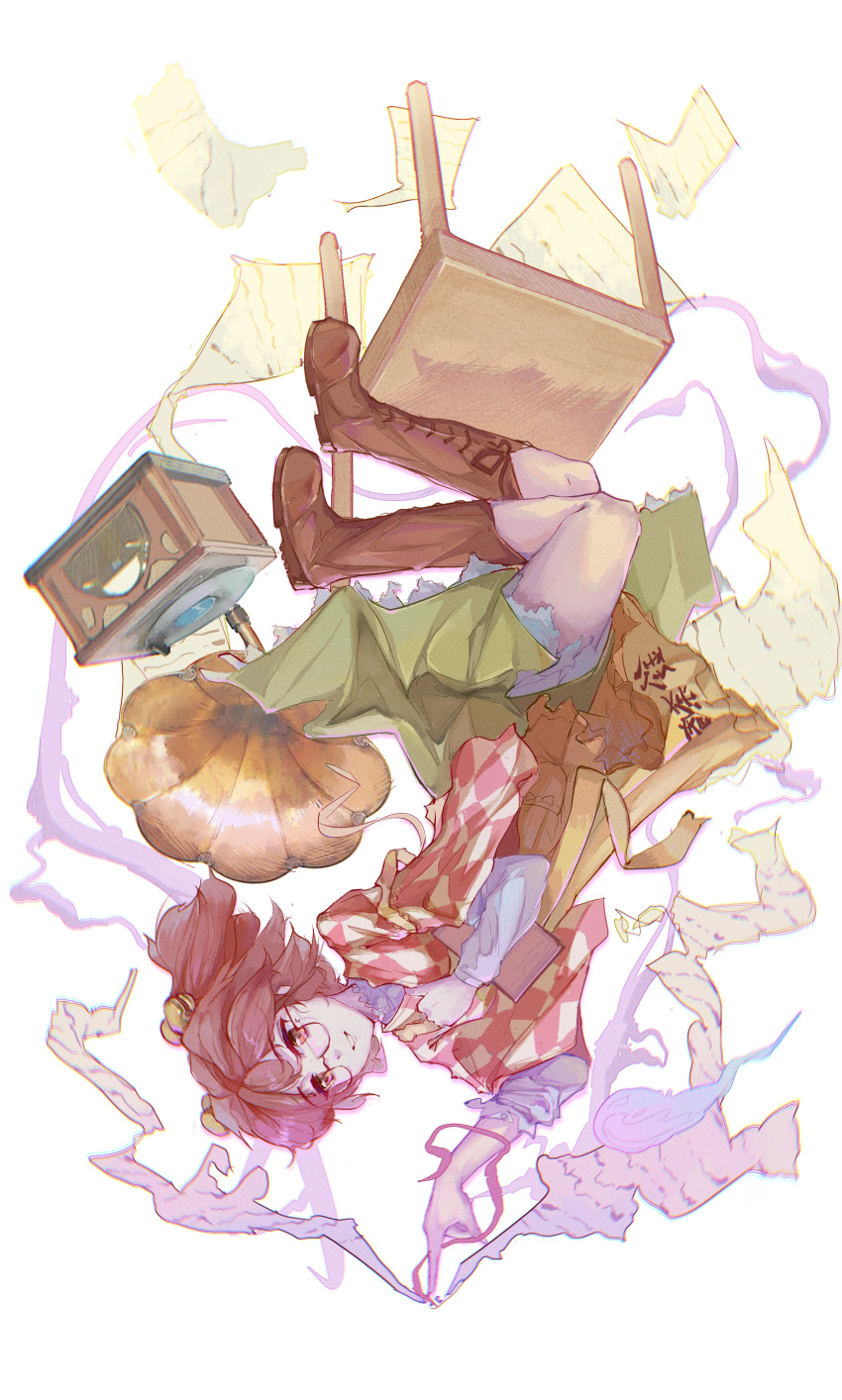1girl, absurdres, apron, bell, book, boots, brown_footwear, chair