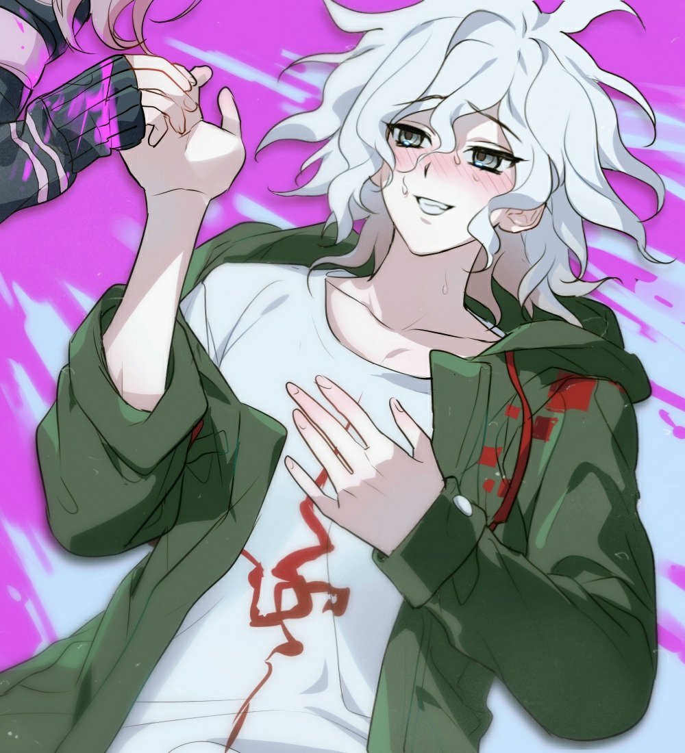 1boy, 1girl, :d, bangs, black_jacket, blood, collarbone, danganronpa_(series)