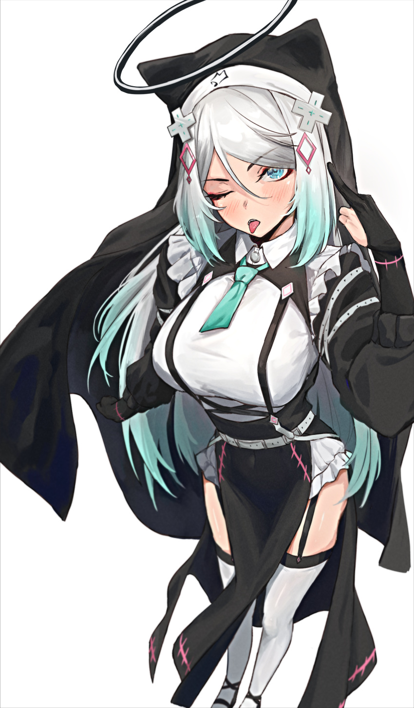 1girl, ;p, absurdres, animal_ears, bare_hips, belt, black_dress, black_gloves