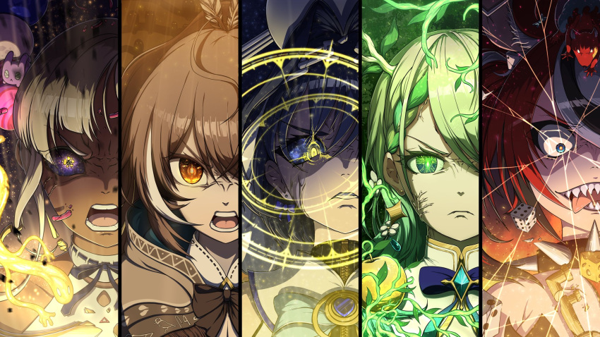 >:(, >:), >_<, 5girls, :<, :d, ahoge, anger_vein