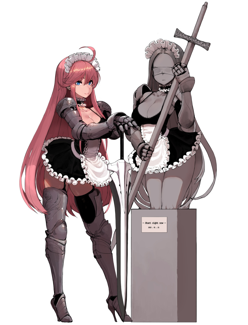 1girl, absurdres, ahoge, apron, arched_back, armor, armored_boots, ass_visible_through_thighs, bangs, black_choker, black_gloves, black_legwear, blindfold, blue_eyes, boots, breasts, choker, claymore_(sword), commentary_request, counter:side, dated, deliciousmeatart, dress, elbow_gloves, frilled_apron, frilled_choker, frills, full_body, garter_straps, gauntlets, gloves, greaves, hair_between_eyes, high_heel_boots, high_heels, highres, holding, holding_sword, holding_weapon, korean_commentary, lance, large_breasts, long_hair, maid, maid_headdress, making-of_available, microdress, original, panties, pink_hair, polearm, simple_background, skindentation, smile, standing, statue, straight_hair, strap_gap, sword, thigh-highs, underwear, very_long_hair, waist_apron, weapon, white_apron, white_background, white_panties