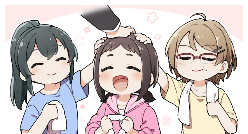 1boy, 3girls, :d, ^_^, ahoge, bangs, black_hair, blue_shirt, blush, brown_hair, brown_shirt, closed_eyes, closed_mouth, collarbone, eyebrows_visible_through_hair, hair_ornament, hairclip, headpat, hood, hood_down, hooded_jacket, idolmaster, idolmaster_cinderella_girls, jacket, long_sleeves, mole, mole_under_mouth, multiple_girls, muramatsu_sakura, new_wave_(idolmaster), ooishi_izumi, out_of_frame, over-rim_eyewear, pink_jacket, ponytail, producer_(idolmaster), red-framed_eyewear, semi-rimless_eyewear, shirt, short_eyebrows, short_sleeves, smile, thick_eyebrows, towel, towel_around_neck, tsuchiya_ako, upper_body, white_background, white_shirt, yukie_(kusaka_shi)