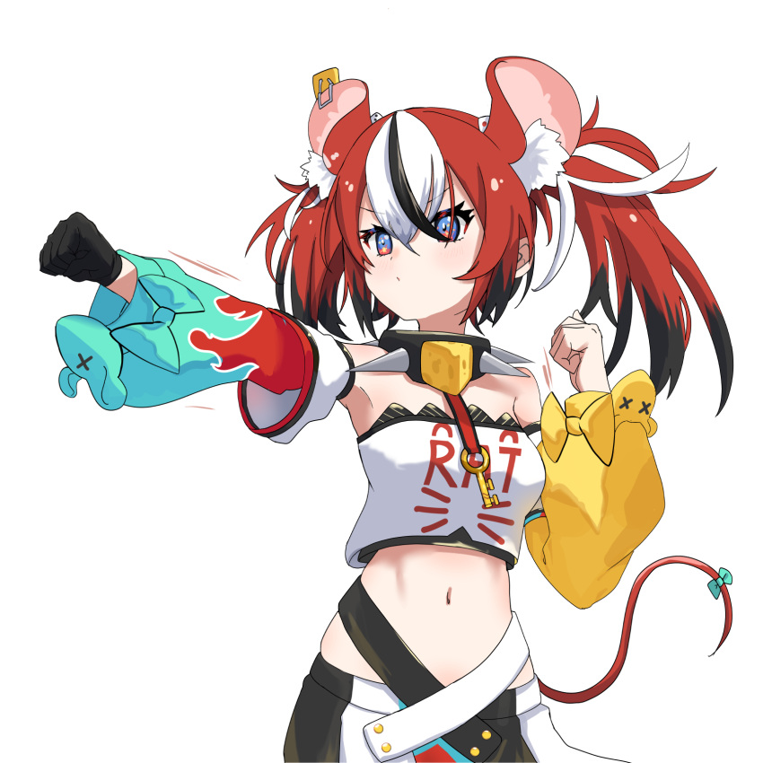 animal_ears, bare_shoulders, black_gloves, closed_mouth, collar, crop_top, dice_hair_ornament, fighting_stance