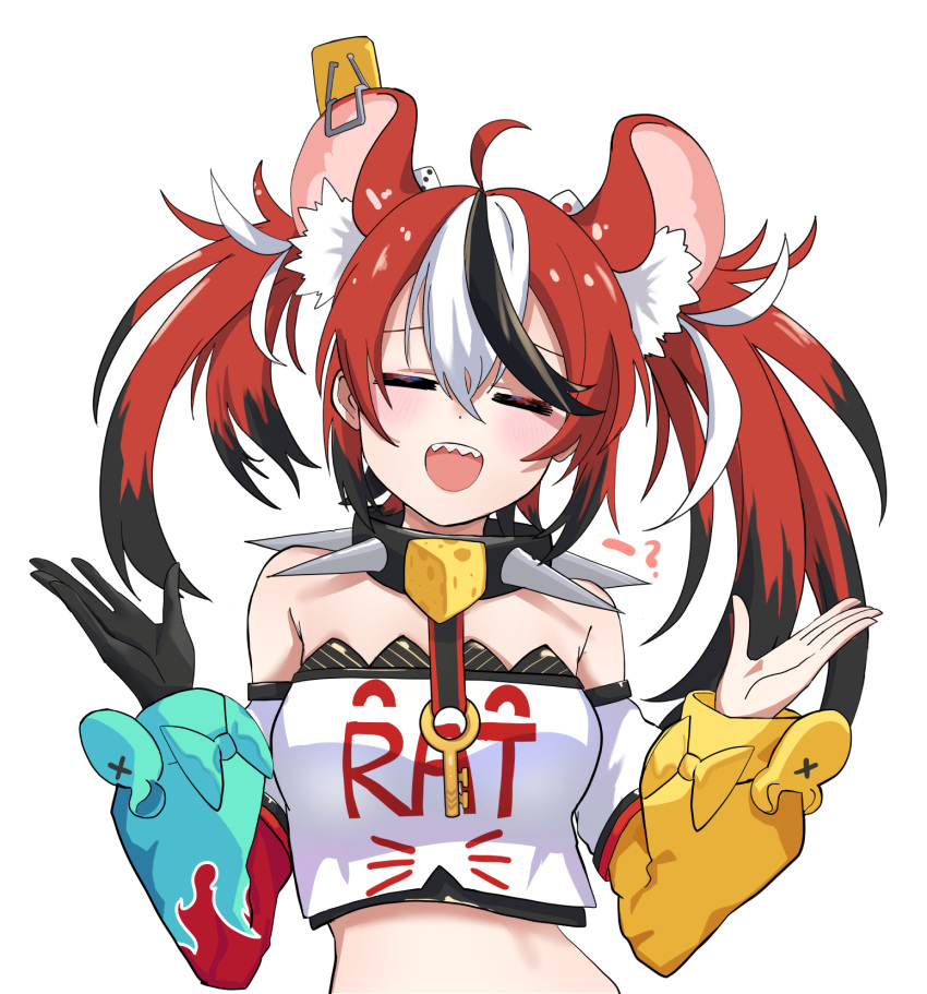 animal_ears, bare_shoulders, black_gloves, closed_eyes, collar, crop_top, dice_hair_ornament, gloves