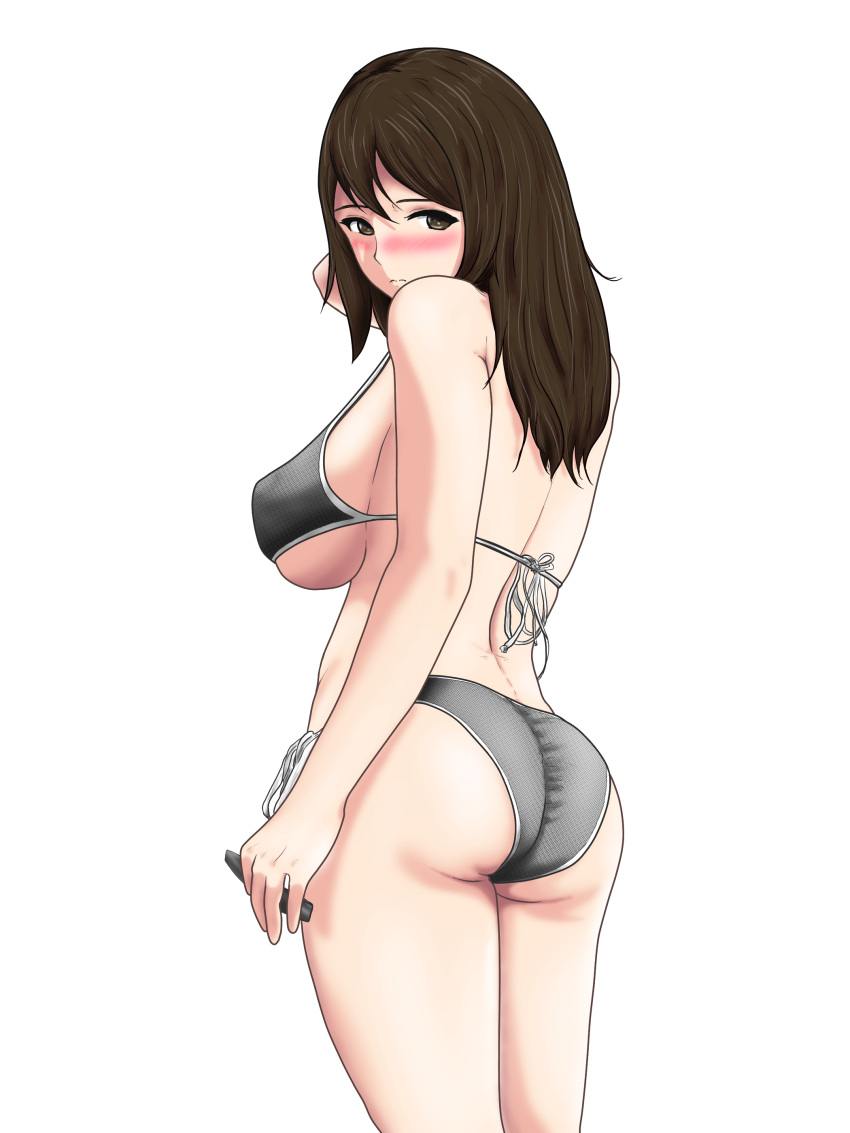 1girl, absurdres, arm_up, ass, bikini, black_bikini, blush, breasts