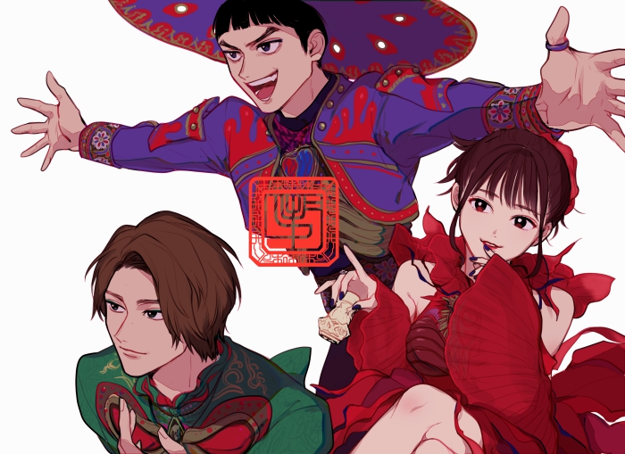 1girl, 2boys, aguilera_(kamen_rider_revice), belt, black_hair, brown_hair, clothing_cutout, evil
