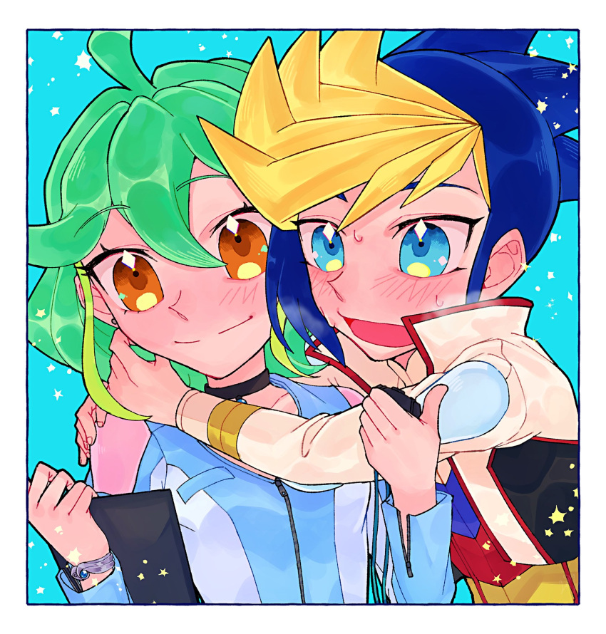 1boy, 1girl, 28grtm, ahoge, blonde_hair, blue_eyes, blue_hair, choker