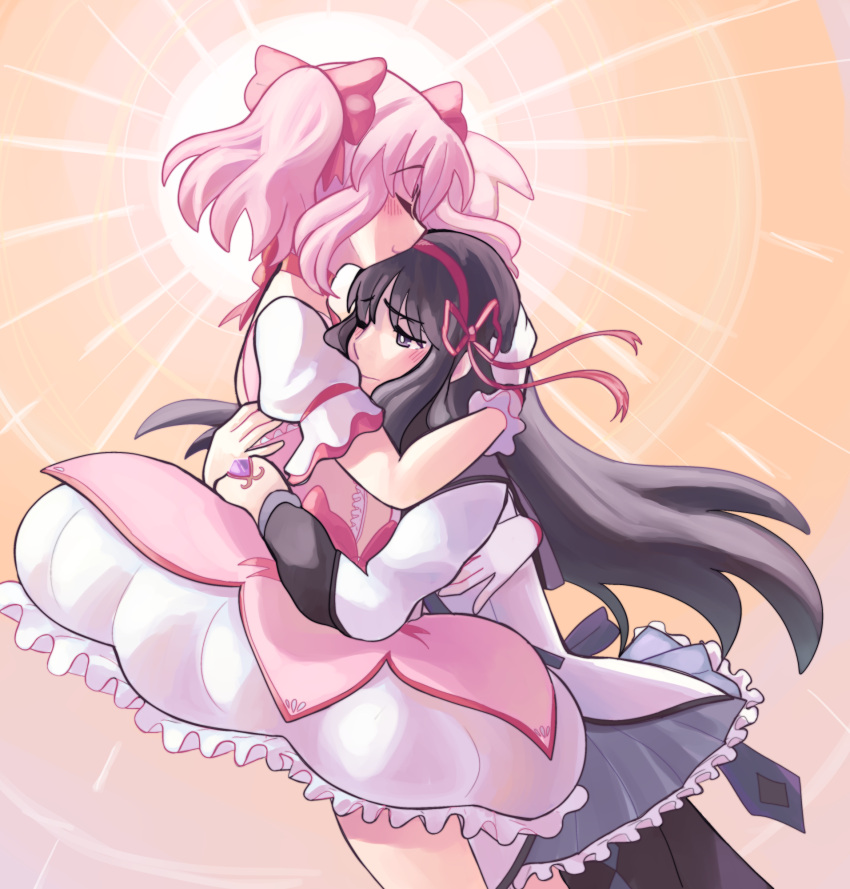 2girls, akemi_homura, argyle, argyle_legwear, arm_around_back, arm_around_neck, arms_around_back, bangs, black_hair, black_legwear, blush, bow, bubble_skirt, choker, closed_eyes, closed_mouth, commentary, cowboy_shot, dated_commentary, dress, english_commentary, eyebrows_visible_through_hair, frilled_dress, frilled_gloves, frills, from_side, gloves, grey_skirt, hair_bow, hair_ribbon, henemimi, highres, hug, kaname_madoka, long_hair, long_sleeves, magical_girl, mahou_shoujo_madoka_magica, mixed-language_commentary, multiple_girls, one_eye_closed, pantyhose, pink_bow, pink_hair, pleated_skirt, puffy_short_sleeves, puffy_sleeves, red_ribbon, ribbon, ribbon_choker, short_sleeves, sidelocks, skirt, soul_gem, twintails, white_gloves, yuri