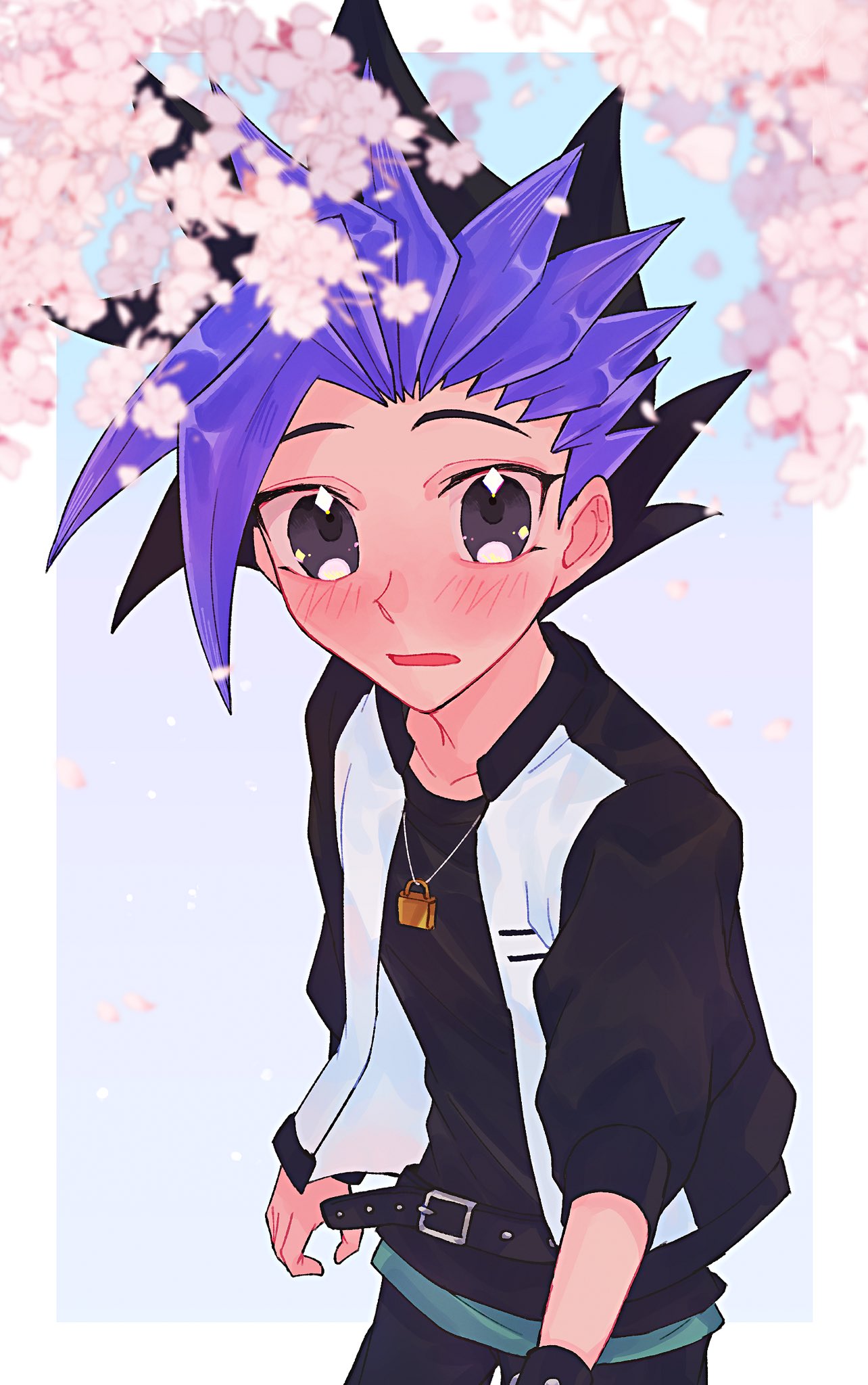 1boy, 28grtm, black_hair, black_jacket, black_pants, blue_eyes, brown_footwear, choker