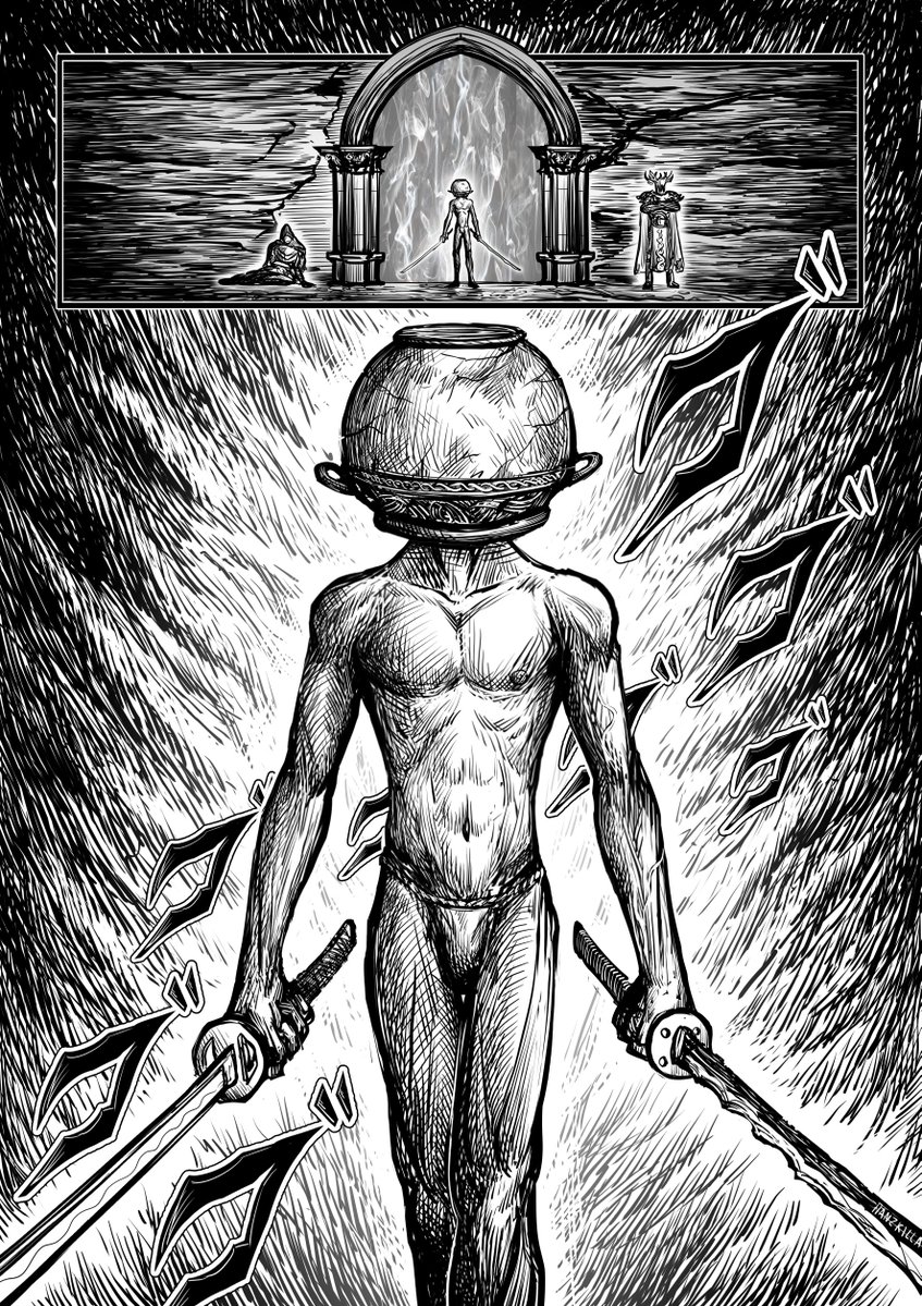 1boy, dual_wielding, elden_ring, greyscale, hanzkilla, holding, holding_sword, holding_weapon, katana, let_me_solo_her, male_focus, monochrome, pot_on_head, sitting, standing, sword, tarnished_(elden_ring), weapon