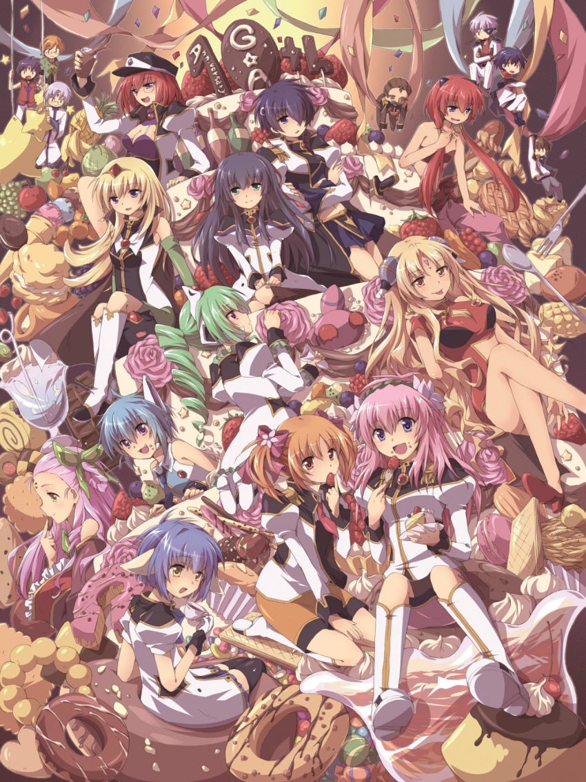 5boys, 6+girls, animal_ears, anise_azeat, anniversary, apricot_sakuraba, blonde_hair, blue_eyes, blue_hair, blush, boots, bottle, breasts, brown_eyes, brown_hair, cake, cat_ears, chibi, china_dress, chinese_clothes, cover, cover_page, cream_puff, cup, doughnut, doujin_cover, dress, drill_hair, eating, everyone, flower, food, food_on_face, forte_stollen, fruit, galaxy_angel, galaxy_angel_rune, glasses, hair_ornament, hat, highres, ice_cream, izayoi_natsume, kahlua_marjoram, karasuma_chitose, knee_boots, kokomo_perot, large_breasts, lily_c._sherbet, long_hair, long_sleeves, major_mary, malibu_perot, milfeulle_sakuraba, mint_blancmanche, multiple_boys, multiple_girls, nano-nano_pudding, normad, orange_hair, orange_skirt, pencil_skirt, pink_hair, pureplus, ranpha_franboise, redhead, ribbon, shiranami_kazuya, short_hair, short_twintails, skirt, smile, strawberry, takuto_meyers, teacup, tiara, twintails, uniform, vanilla_h, volcott_o'huey