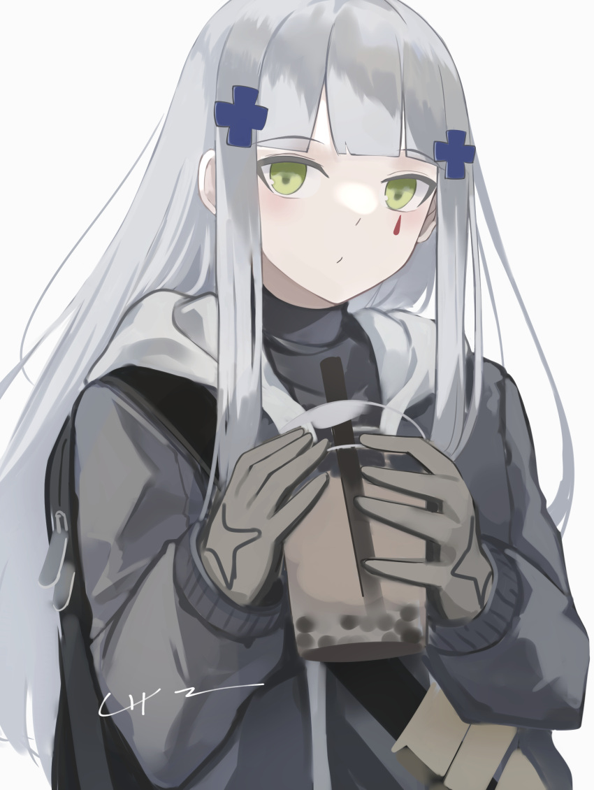 1girl, absurdres, agent_416_(girls'_frontline), blue_jacket, brown_gloves, bubble_tea, chcn, girls_frontline