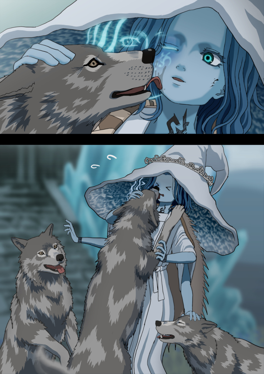>_<, 1girl, absurdres, animal, blue_eyes, blue_hair, blue_skin, cape, cloak, colored_skin, cracked_skin, dress, elden_ring, extra_arms, extra_faces, fur_cape, fur_cloak, hat, hat_ornament, highres, iota_tou, joints, large_hat, licking, long_hair, one_eye_closed, ranni_the_witch, robe, solo, white_dress, witch, witch_hat, wolf