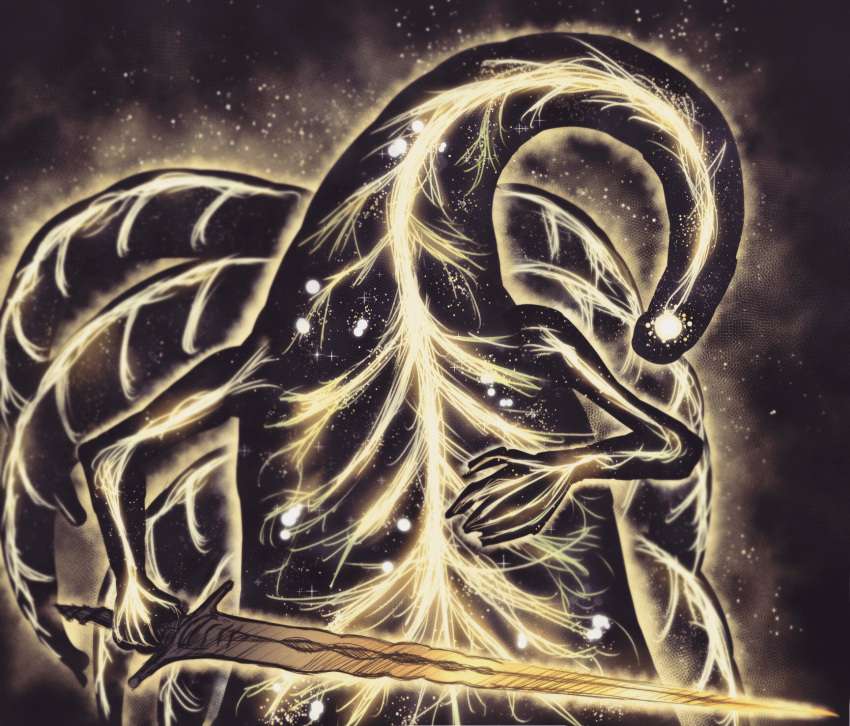 elden_beast, elden_ring, highres, holding, holding_sword, holding_weapon, itzjaylock, monochrome