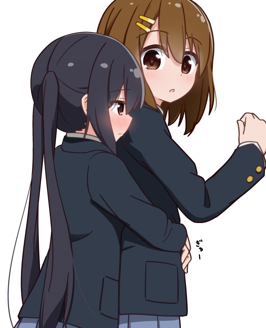 2girls, bangs, black_hair, black_jacket, blazer, blue_skirt, blush, brown_eyes