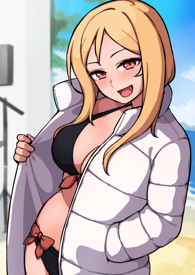 beach, bikini, bikini_under_clothes, black_bikini, blonde_hair, blush, bow, down_jacket
