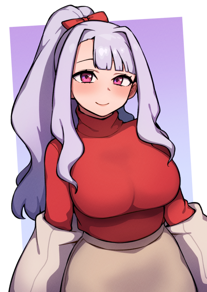 1girl, alternate_hairstyle, blush, bow, breasts, hair_bow, hair_up, high_ponytail, idolmaster, idolmaster_million_live!, idolmaster_million_live!_theater_days, jacket, jacket_removed, kwaejina, large_breasts, long_hair, long_sleeves, looking_at_viewer, red_bow, red_eyes, red_sweater, shijou_takane, sidelocks, silver_hair, skirt, smile, solo, sweater, tan_skirt, turtleneck