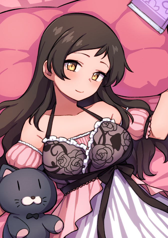 1girl, bangs, blush, book, breasts, brown_eyes, detached_sleeves, floral_print, halterneck, idolmaster, idolmaster_million_live!, idolmaster_million_live!_theater_days, kitazawa_shiho, kwaejina, layered_nightgown, long_hair, looking_at_viewer, lying, medium_breasts, nightgown, on_back, on_bed, parted_bangs, pillow, smile, solo, stuffed_animal, stuffed_cat, stuffed_toy, yellow_eyes