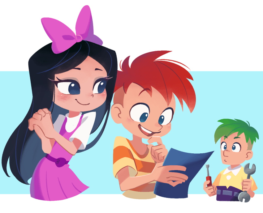 1girl, 2boys, big_nose, blue_eyes, blueprint, blush, bow, brothers, dress, ferb_fletcher, green_hair, hair_bow, half-closed_eyes, holding, holding_paper, holding_screwdriver, holding_wrench, isabella_garcia-shapiro, long_hair, multiple_boys, open_mouth, own_hands_clasped, own_hands_together, paper, phineas_and_ferb, phineas_flynn, pink_bow, pink_dress, pointy_hair, redhead, redrawn, screwdriver, shirt, siblings, smile, step-siblings, striped, striped_shirt, ukata, wrench