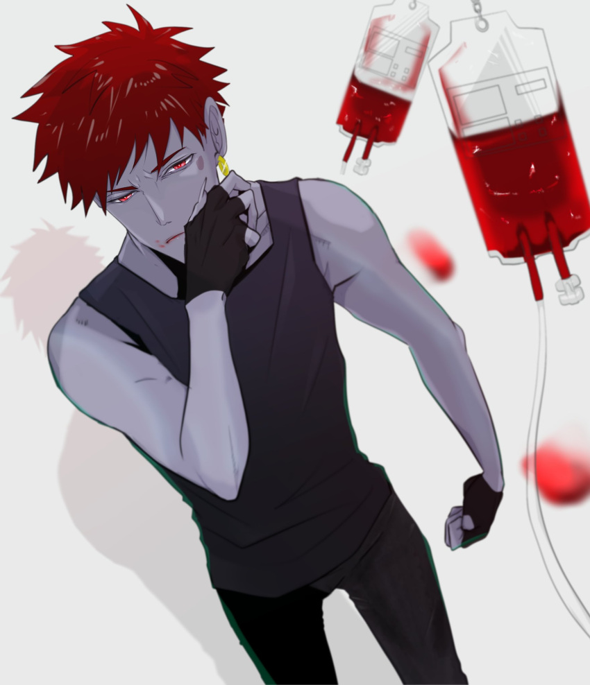 1boy, aeka_(0ameiro0), birthmark, blood, blood_bag, colored_skin, fingerless_gloves, glalda