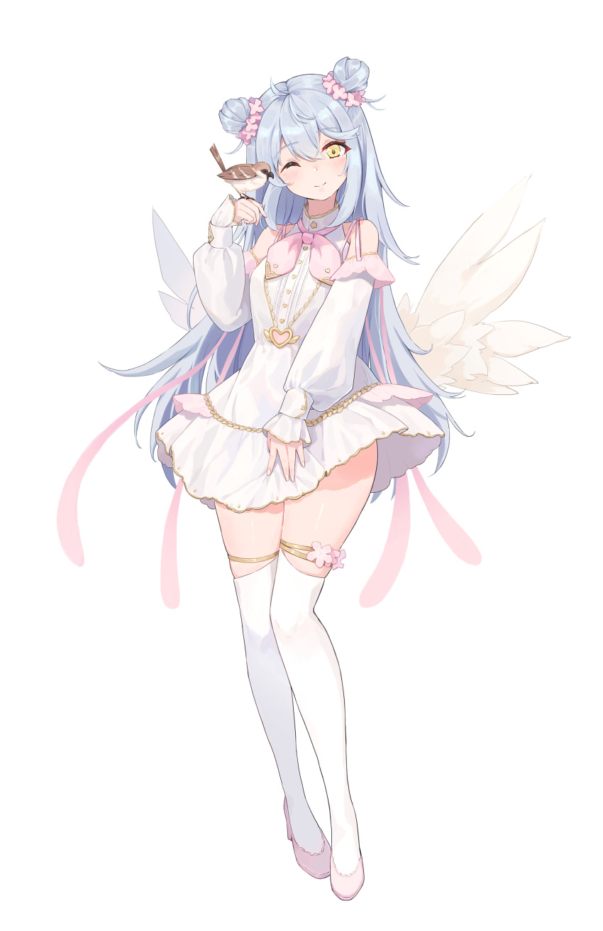 1girl, ;), \||/, absurdres, ahoge, alternate_costume, bangs, bird