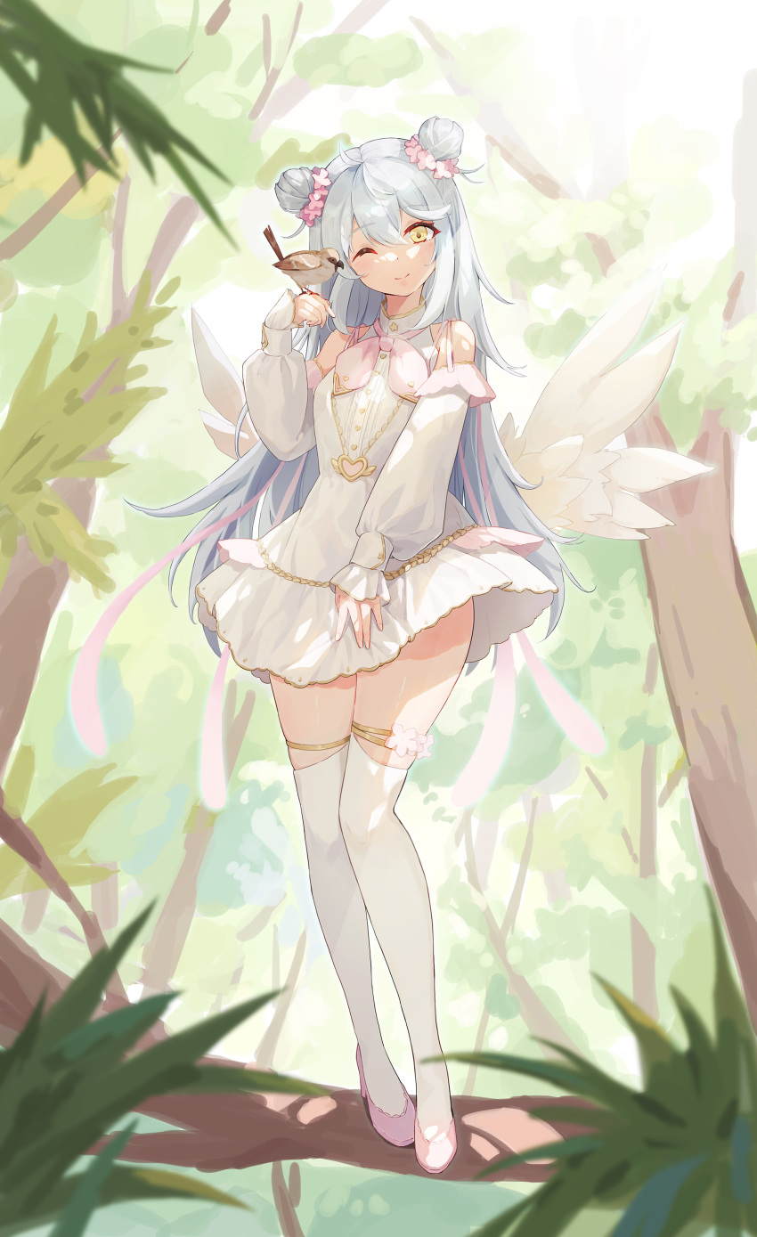 1girl, ;), \||/, absurdres, ahoge, alternate_costume, bangs, bird