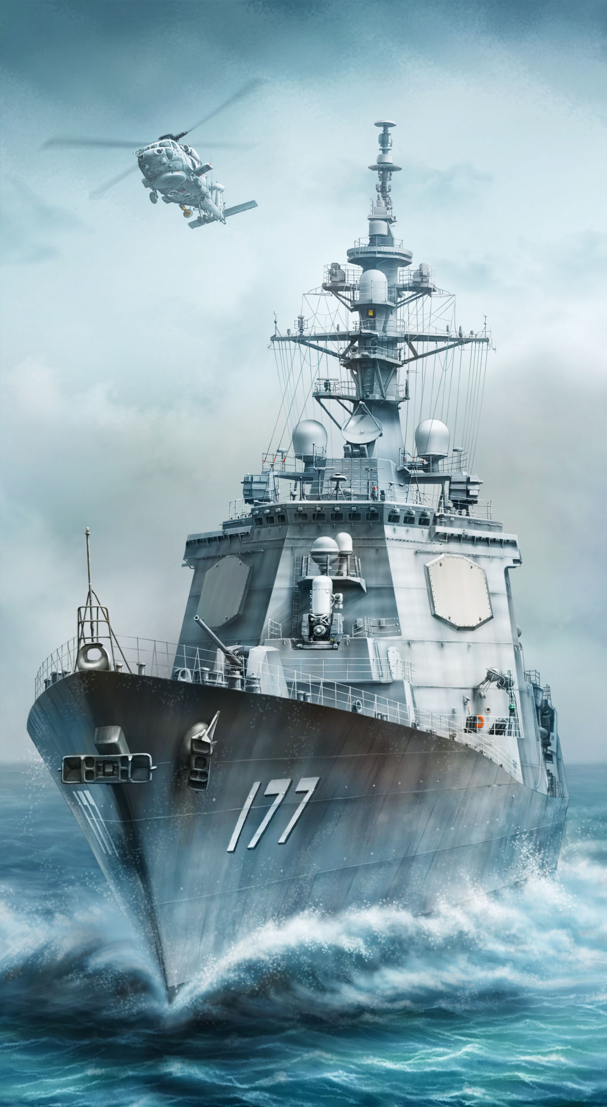 aircraft, commentary_request, destroyer, grey_sky, helicopter, highres, japan_maritime_self-defense_force, japan_self-defense_force