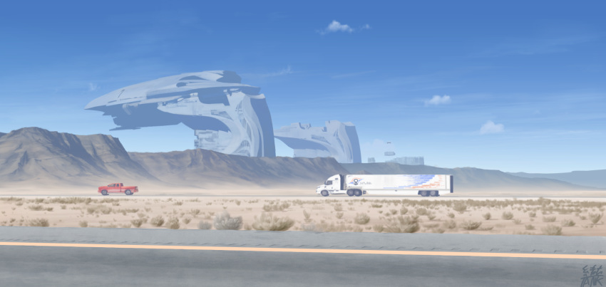 america, artist_name, blue_sky, building, clouds, commentary_request, desert, ground_vehicle
