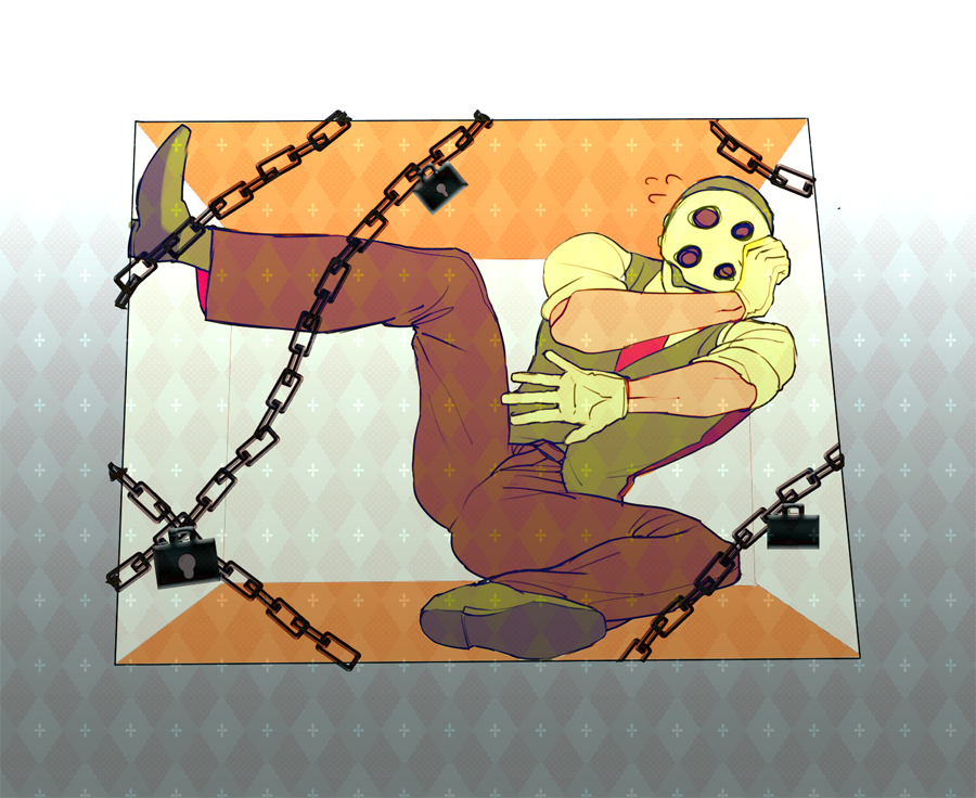 1boy, alternate_costume, black_footwear, black_vest, brown_pants, chain, clenched_teeth, commentary_request