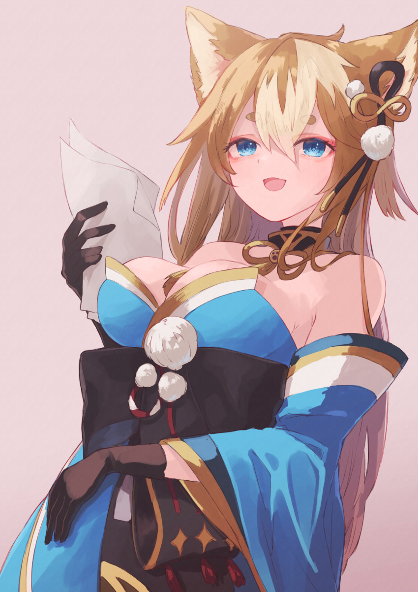 1girl, animal_ears, bangs, black_gloves, blue_eyes, blue_kimono, breasts, commentary_request